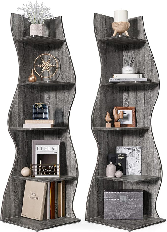 LITTLE TREE 70-Inch Corner Shelf, Seaweed Shaped Etagere Display Bookshelf, Freestanding 5-Tier Wall Shelves for Small Spaces, Living Room, Bedroom, Grey, 2 Pack
