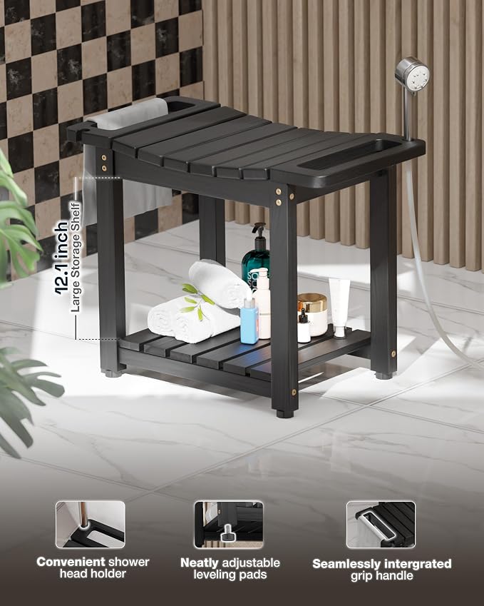 Bluewest 23.4 Inch Shower Bench Seat with Storage Shelf and Handle, Black | Waterproof Bathroom Spa Bench for Sitting Inside the Shower and Shaving Legs, with a Built-In Handle and Shower Head Holder.