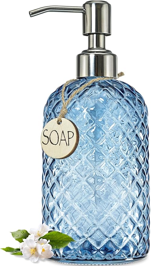 JASAI 18Oz Gem Patterned Glass Soap Dispenser for Kitchen and Bathroom | Refillable Hand soap Dispenser with Rust Proof Stainless Steel Pump, Clear Soap Dispenser Bathroom for Dish Soap, Hand Soap.