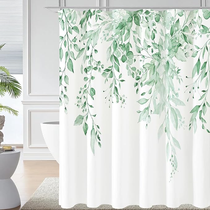 MintGreen Eucalyptus Shower Curtain, Watercolor Floral Print, 72x84 | Watercolor Plant Leaves Floral Print, Waterproof Fabric Bathroom Decor, Machine Washable, Rustproof Grommets