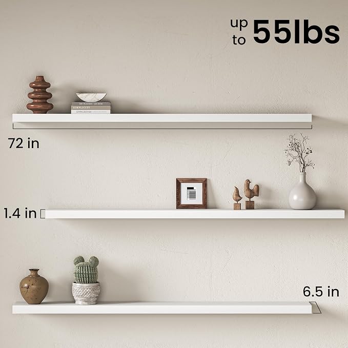 72 Inch Floating Shelves for Wall, Rustic Wood Wall Mounted Deep Storage Shelves with Invisible Brackets, Panoramic Decorative Display Ledge for Living Room Bedroom and Kitchen, Set of 2, White