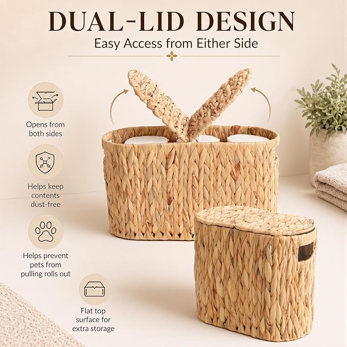2 Pcs Toilet Paper Basket with Double Lids Handles for 6 Mega Rolls | Water Hyacinth Wicker Paper Storage Holder Bathroom Organizer Rattan Basket Accessory