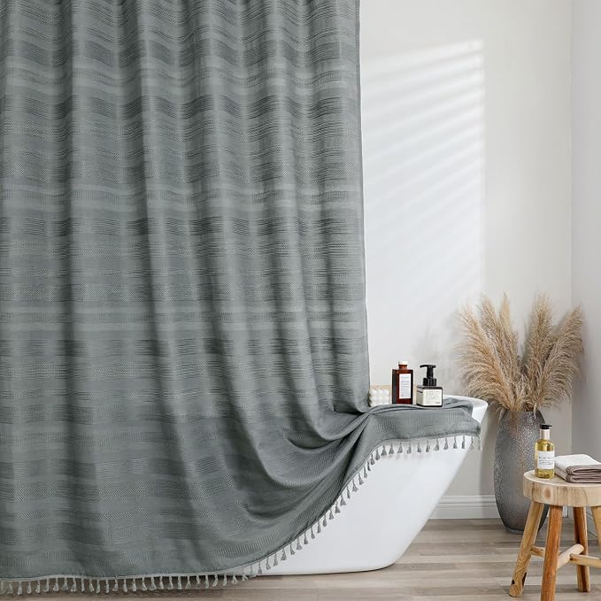 Extra Long Boho Shower Curtain 84 Inch Long, Modern Farmhouse Heavy Duty Linen Textured Soft Fabric, Rustic Country Cloth Shower Curtain with Tassel for Bathroom Hotel, 72Wx84L, Light Grey