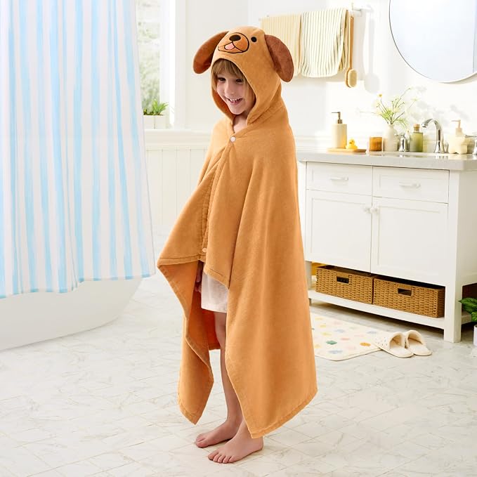 Joiedomi Hooded Towel for Kids Soft 100% Cotton Bath Beach Towel 30" x 50" for Kids 3-8 Years Toddler Pool Poncho with Hood Absorbent Swim Wrap for Boys Girls Brown Dog