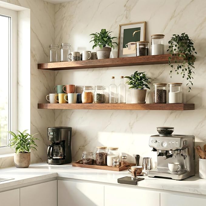 40 in Floating Shelves for Wall Decor Color Brown,Pack 2 | Modern floating shelves for living room,bedroom,kitchen and bath.Organize & display books,photos and decor.easy mount,sturdy.