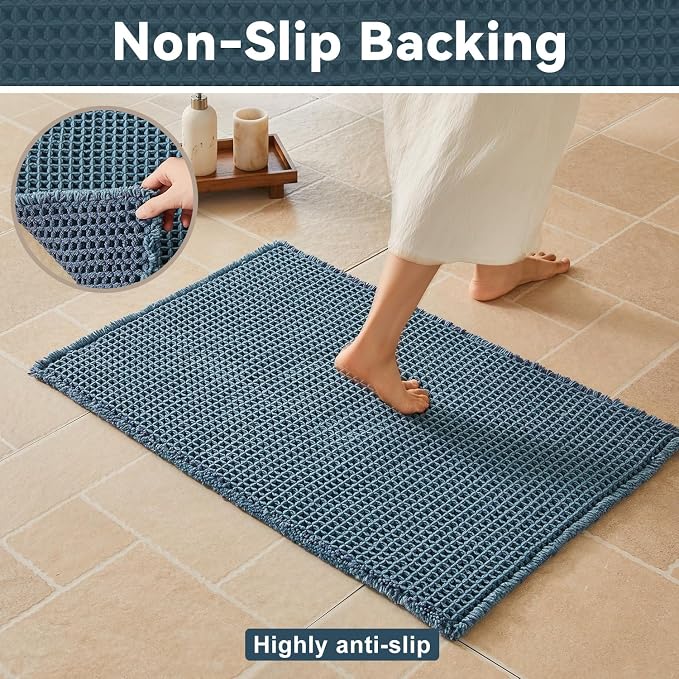 Triohero Waffle Runner Rug Bathroom, Long Boho Bath Mat, 24x60 Denim Blue | Super Absorbent Quick Dry Bath Rug, Non-Slip Backing, Soft Waffle Washable Farmhouse Bathroom Mats, Tub, Shower & Home Decor