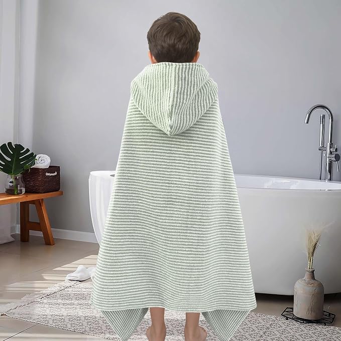 VOOVA & MOVAS Kids Hooded Bath Towel, 6-10 Years, 100% Cotton, Green Stripe | Refined Horizontal Stripes, Thick Plush Fabric, Excellent Water Absorption Performance