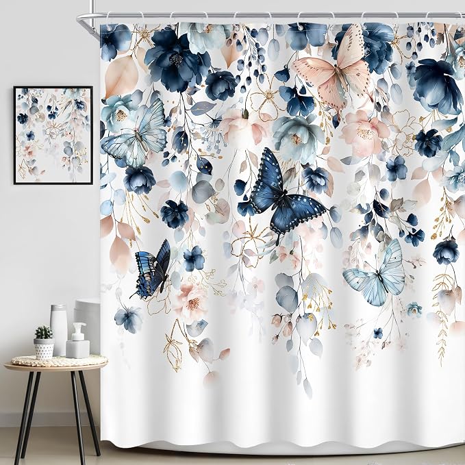 Extra Long Blue Pink Floral Butterfly Bathroom Shower Curtain Set | 72"W x 78"L Spring Summer style, clear shower print, fast-dry fabric and hooks for a simple bath update.