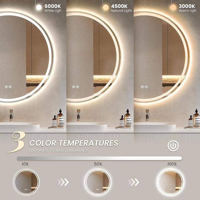 36Inch Round LED Bathroom Mirror with Backlit + Front Lit | Dimmable, 3 Color, Anti-Fog, Tempered Glass, Shatter-Proof Wall Mounted Vanity Mirror with Light for Washroom, Closet