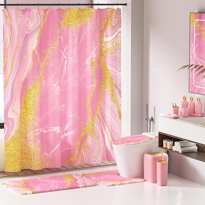 21PCS Bathroom Sets with Shower Curtain and Rugs Bathroom Accessories Set Pink Bathroom Set Complete with Trash Can, Toilet Brush, Qtip Holder & 3PCS Soap Dispenser