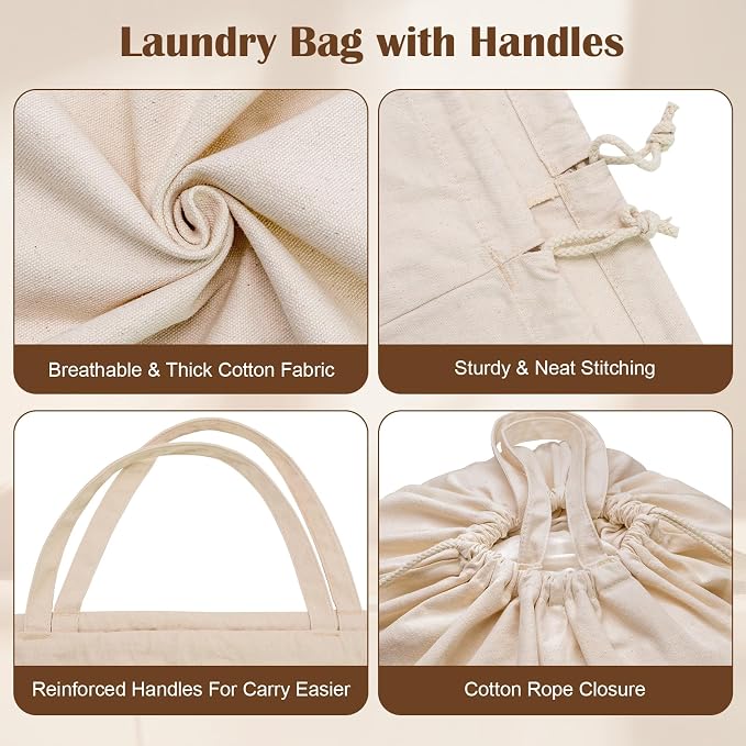 Cotton Canvas Laundry Bag 30"Wx 35"H, Thick Laundry Bag, Natural, 1 Pack | with Handles & Drawstring, Heavy Duty, Washable Storage Sack For Camp, College Dorm, Laundromat