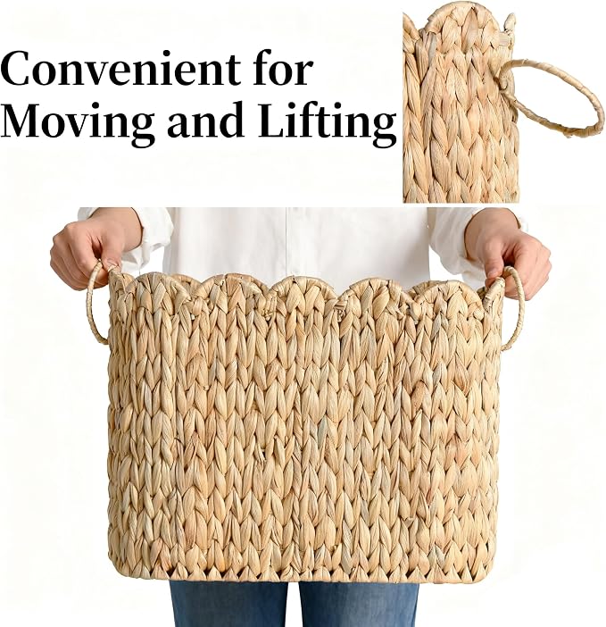 Narrow Wicker Toilet Paper Holder Basket with Lid, Scalloped Wicker Storage Basket with Lid,Woven Curve Basket,Rattan Bathroom Organizers and Storage Baskets- Holds Up to 9 Mega Rolls