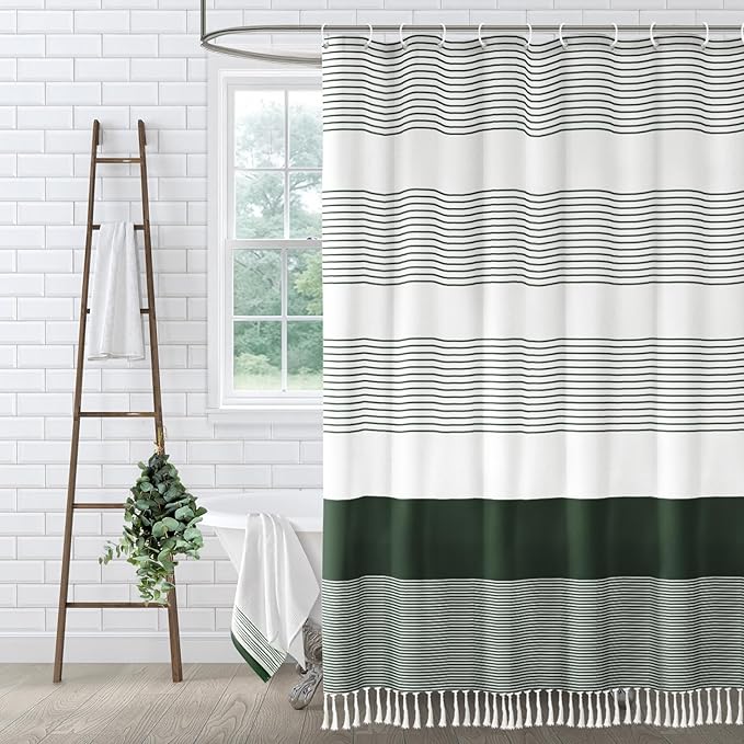 Dark Green Boho Cotton Striped Shower Curtain with Tassel 72"W X 72"L | Boho Farmhouse Shower Curtains for Bathroom with Soft Cotton Feel