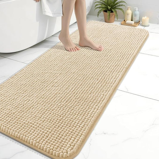 Arotive Chenille Bathroom Rugs 59x20, Soft Absorbent Bath Mat, Beige | Rubber Backing, Machine Washable Dry Bath Mats for Bathroom Floor, Tub and Shower, Home Decor Accessories