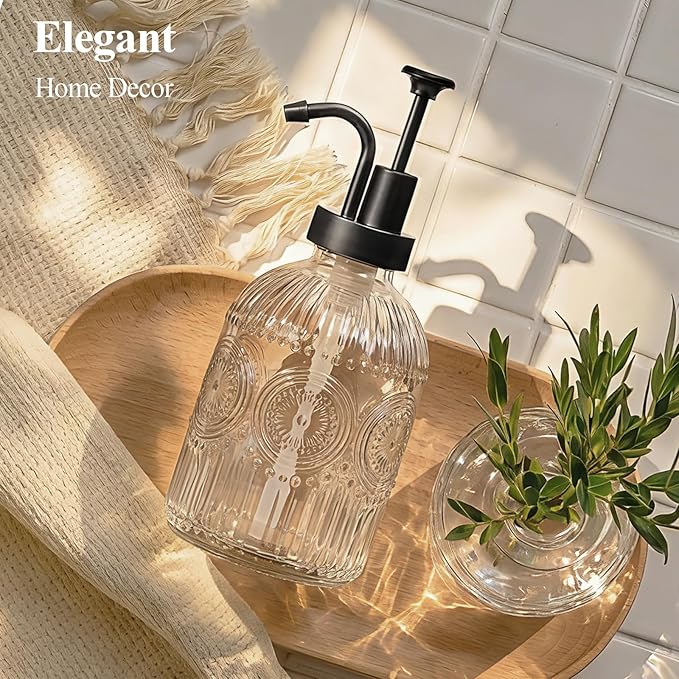 SheeChung 12oz Vintage Glass Soap Dispenser with Black Pump, Clear, 1 Pack | Refillable Dish and Hand Soap Dispenser for Bathroom Kitchen, Rustic Liquid Lotion Bottle,BPA-Free,Funnel,Mat,Farmhouse Decor