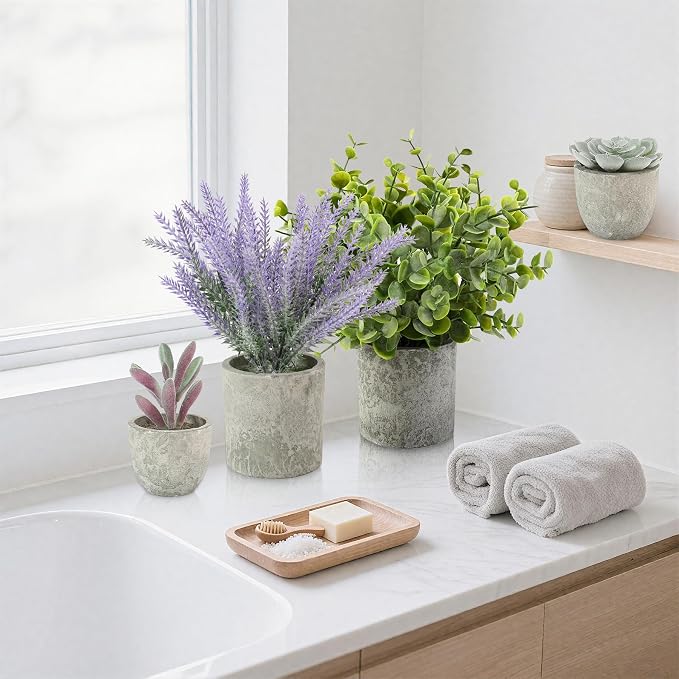 ALAGIRLS 4 Packs Fake Plants Lavender Artificial Plants | Fake Lavender Flowers, Eucalyptus Succulents Plants, Potted Faux Plants for Home Indoor Office Bathroom Living Room Decor