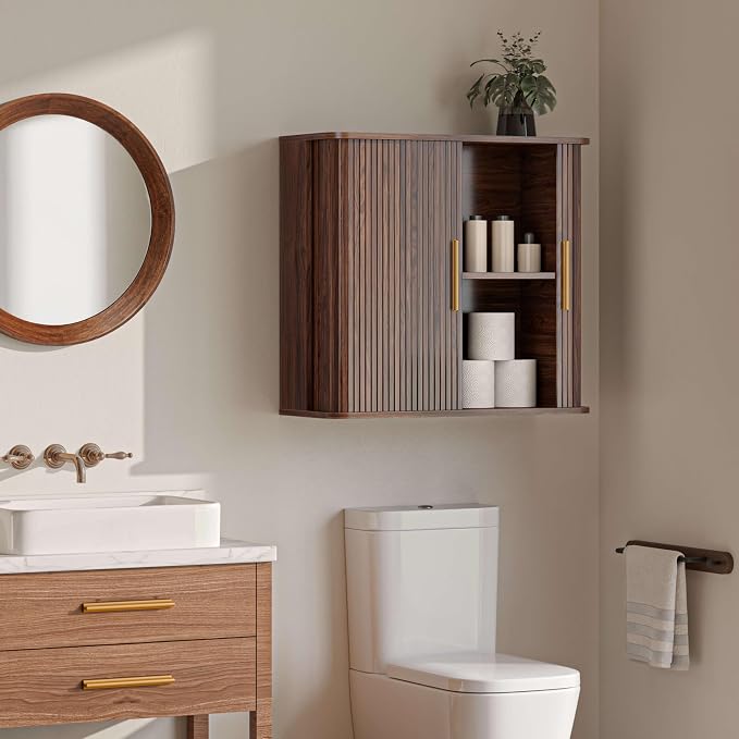 FIMELLO 29.5" W Bathroom Wall Cabinet, Laundry Room Cabinets Wall Mounted with Sliding Tambour Door, Kitchen Wall Cabinet, Floating Cabinet for Wall, Upper Cabinets, Brown Walnut