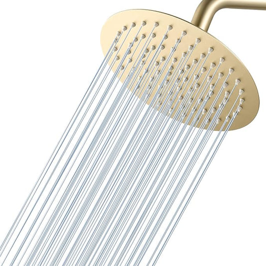 Brushed Gold Round Rainfall Shower Head, All Metal Stainless Steel Rain Shower Heads with 90 Anti-Clog Silicone Nozzles, Wall or Ceiling Mount, 8 inch