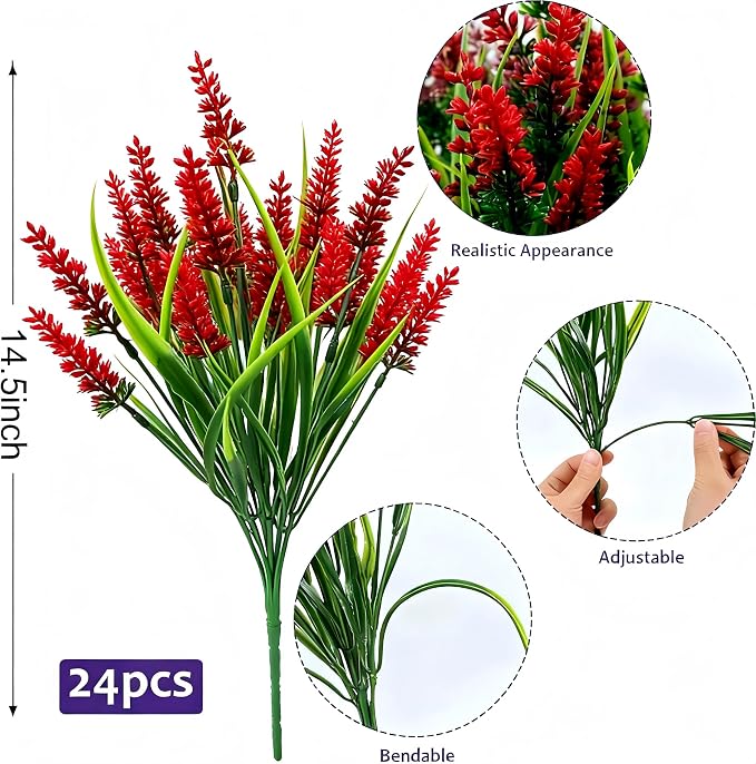 Geegoods 24 Bundles Red Artificial Plants Flowers Outdoor, UV Resistant | Faux Plants with Monkey Grass, Realistic Plastic Flowers for Garden Porch Window Box Patio Hanging Planter Decor