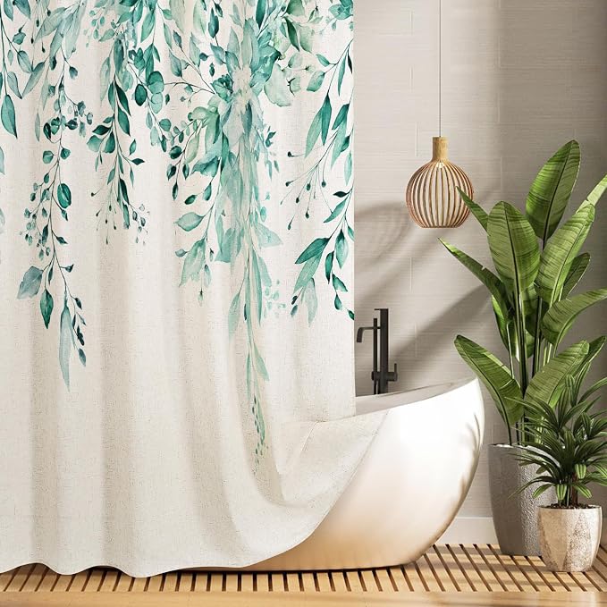 Teal Linen Eucalyptus Shower Curtain, Watercolor Floral, 72x72 | Watercolor Plant Leaves Floral Print, Polyester Linen Blend Bathroom Decor, Machine Washable, Rustproof Grommets