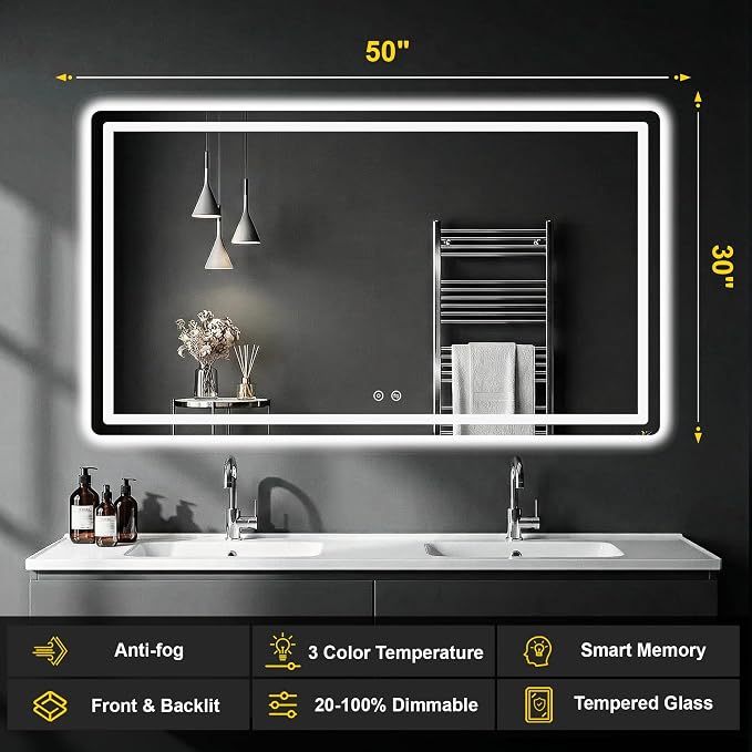 LED Bathroom Mirror with Lights, 30"x50" Lighted Vanity Mirror for Wall | Anti-Fog, Dimmable 3 Color Light, Backlit+Frontlit, Shatterproof Tempered Glass, Memory Function