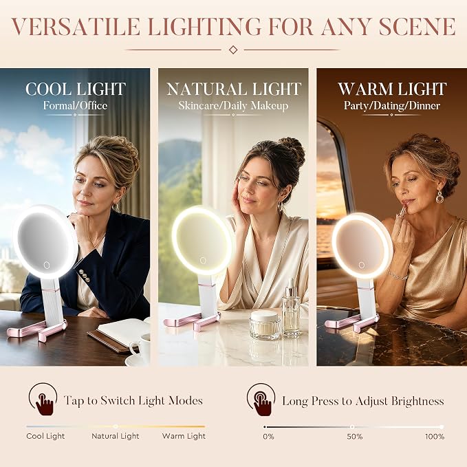 MIYADIVA Travel Makeup Mirror with Lights, Height Adjustable 30X/1X Double-Sided Magnifying Mirror, Portable Foldable Vanity Mirror with Digital Display & Phone Holder, Handheld Tabletop Hanging