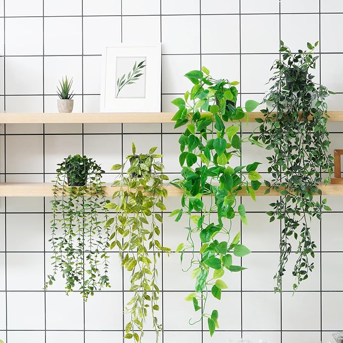 BLEUM CADE Fake Hanging Plants Mixed Set, 4pcs Artificial Hanging Plant, Faux Hanging Potted Plants Greenery for Wall Shelf Home Living Room Indoor Outdoor Decor