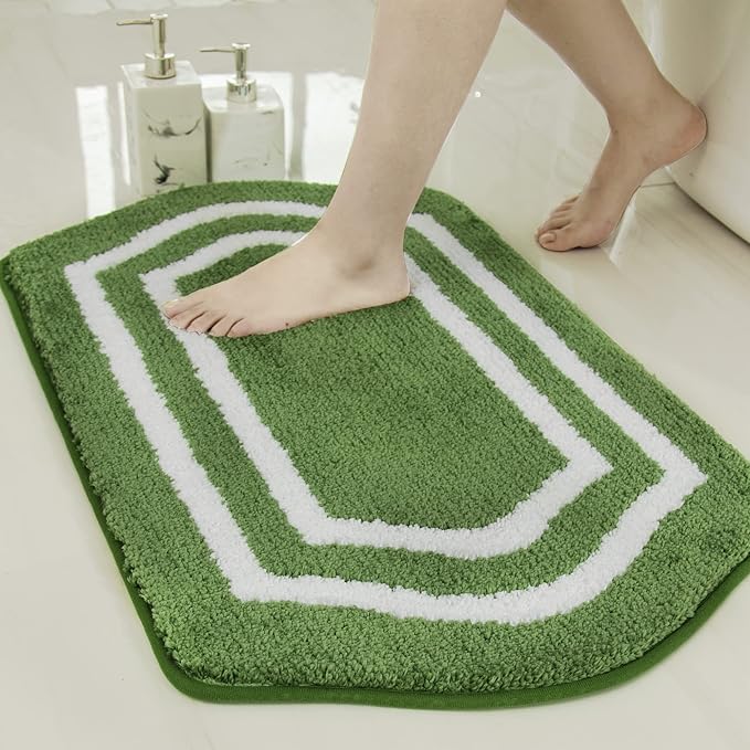 COSY HOMEER Non-Slip Bath Mat Extra Thick Absorbent Plush Washable | 24"x36" White/Green Non-Slip Extra Thick Plush Absorbent Machine Washable Bath Mat Bathroom Rug Floor Tub Shower