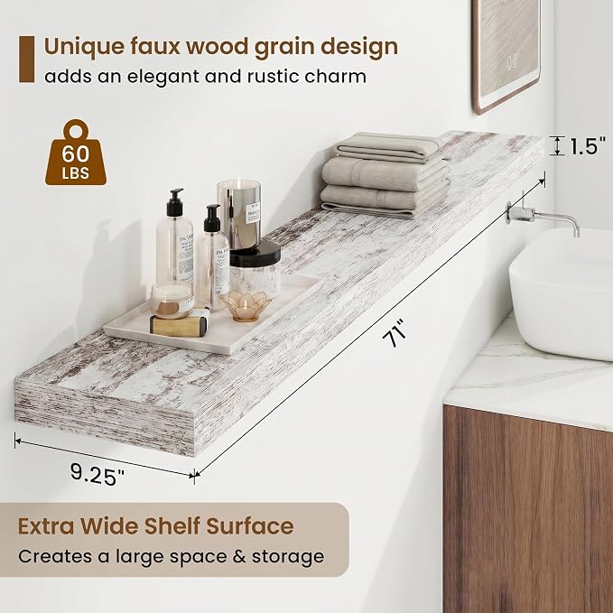 72in Floating Shelves for Wall, 72"W x 9.25"D x 1.5"H, Vintage White, 2Pcs | Long Wall Mounted Engineered Wood Shelves with Invisible Brackets for Living Room, Bedroom, Bathroom, Kitchen, 9.25in Depth