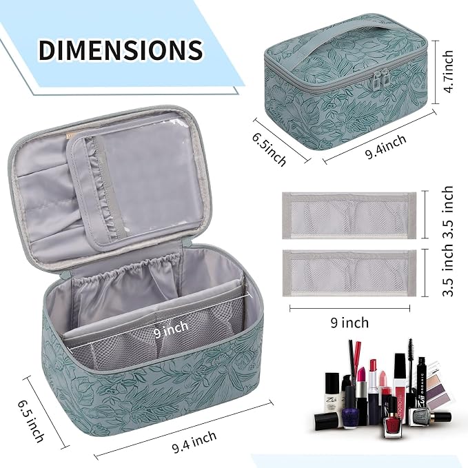 Makeup Bag for Women - Travel Cosmetic Organizer with Brush Slot & Divider, Large Capacity Toiletry Bag for Girls, Travel Makeup Case for everyday Make up Accessories -Blue Floral