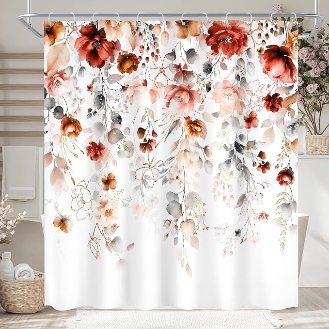 Autumn Fall Floral Red Burgundy Brown Bathroom Shower Curtain Set | 72"W x 72"L Flower Eucalyptus design with waterproof HD artwork, quick-dry fabric and hooks for easy hanging.