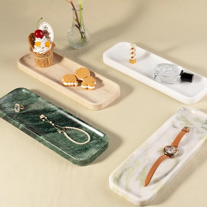 Marble Tray for Bathroom Sink, 12"x4" Natural Stone Vanity Tray for Kitchen Dresser Countertop, Rectangular Decorative Marble Tray for Jewelry Perfume Trinket(Green)