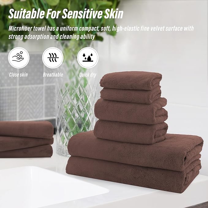 MOONQUEEN Ultra Soft Microfiber Coral Velvet Towel Set - Quick Drying, 2 Bath Towels, 2 Hand Towels, 2 Washcloths - Wood Brown, 6 Pcs