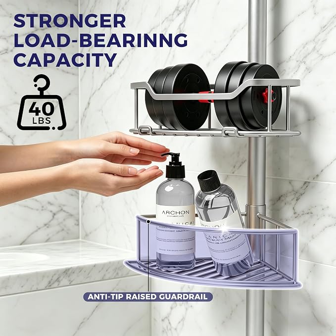 Corner Shower Caddy Tension Pole, 4-Tier Fan-Shaped Adjustable Rustproof Bathroom Organizer Shelves, 47"-125'', No-Drill Quick Installation for Inside Shower, Bathtub, Sliver (SILVER)
