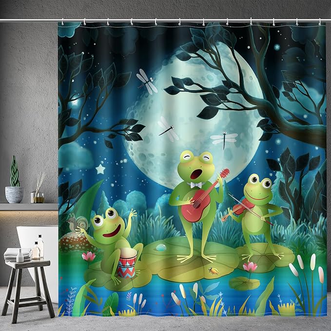 Aimego Funny Frog Shower Curtain - Cute Cartoon Frogs Dragonfly Lotus Leaf Floral Pond Wildflower Moon Fun Bath Shower Curtain Set with 12 Hooks for Kids Adults Bathroom Decor Accessories,72"x72"