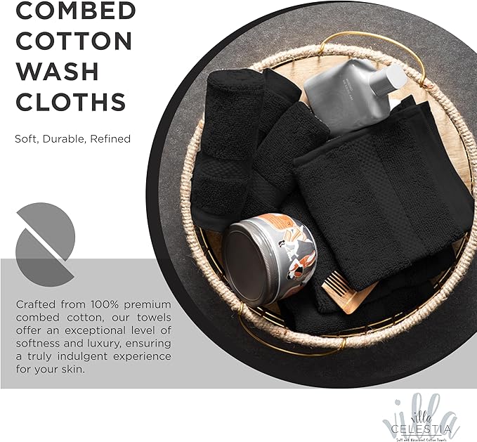 Villa Celestia Cotton Washcloths Set of 6, 12x12 Inch, 100% Ring-Spun Combed Cotton, Soft Absorbent Quick-Dry Wash Cloths for Face and Body, Oeko-TEX Certified, Hotel & Spa Quality, Black
