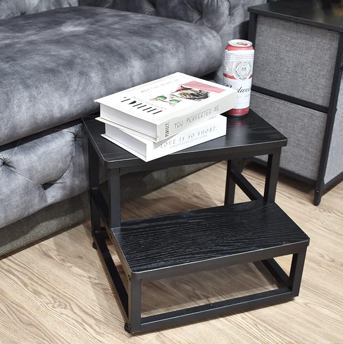 SZLHANJZ Step Stool, Wood & Metal Step Stools for Adults Kids, 500 LB Load | Bedside Steps for High Beds with Round Corners, 2 Steps Footstool for Adults, Stepping Stool for Kitchen Bedroom, Black