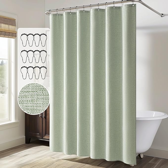 MIULEE 72 x 84 Extra Long Linen Shower Curtain Sage Green 12 Metal Hooks | Washable, Fabric Shower Curtain, Waterproof Neutral Thick Cloth Shower Curtain, Bathroom Hotel Bathtub