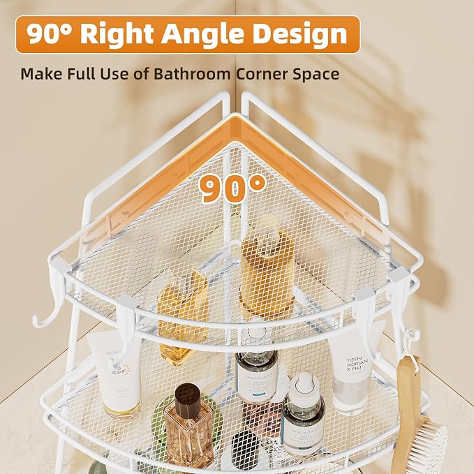 VITVITI 3 Tier Bathroom Counter Organizer Corner Vanity Shelf Storage White | Metal Mesh Bathroom Countertop Organizer, Bath Room Sink Makeup Organizers for Skincare Perfume Lipstick, with Hooks