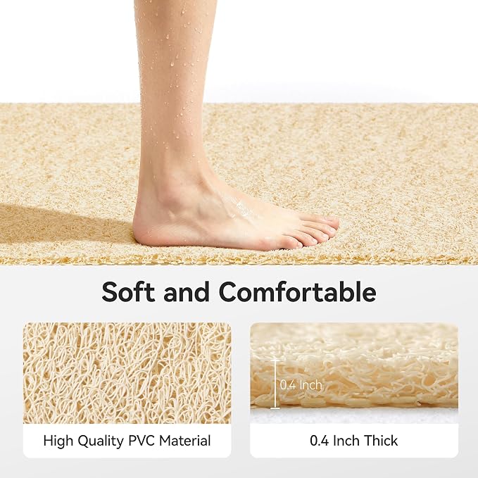 Soft Textured Bath, Shower, Tub Mat, 47x16 Inch, Phthalate Free, Non Slip Comfort Bathtub Mats with Drain, PVC Loofah Bathroom Mats for Wet Areas, Quick Drying