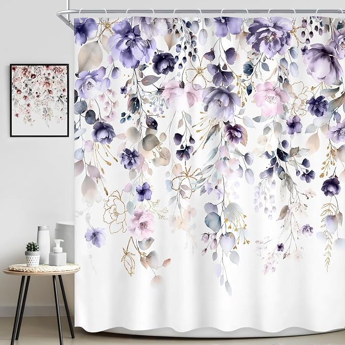 Floral Purple Pink Leaf Rustic Girly Bathroom Shower Curtain Set | 72"W x 78"L Flower Boho style, clear shower print, fast-dry fabric and hooks for a simple bath update.