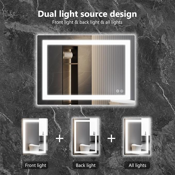 NEWBULIG 32"x 40" LED Bathroom Mirror with Lights, Anti-Fog, Backlit + Front Lit, Lighted Bathroom Vanity Mirror for Wall, Memory Function, Dimmable, Tempered Glass, Shatter-Proof