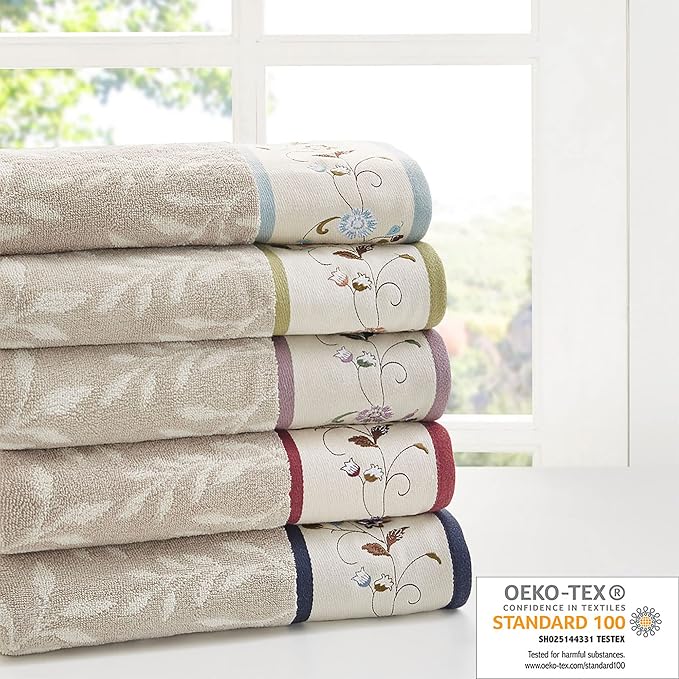 Madison Park Serene 100% Cotton Bath Towel Set Luxurious Floral Decorative Towels for Bathroom Embroidered Cotton Jacquard Design Soft Highly Absorbent for Shower 600 GSM, Multi-Sizes, Red 6 Piece | Luxurious Floral Decorative Towels for Bathroom, Embr...