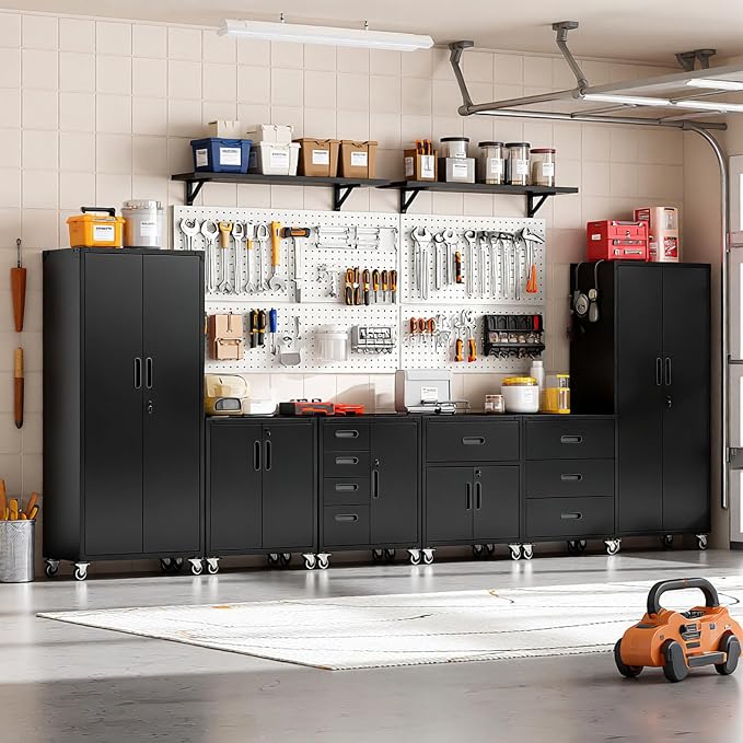 Garage Storage Cabinet System,Wall Cabinet & Locking Rolling Tool Cabinet with Doors and Adjustable Shelves