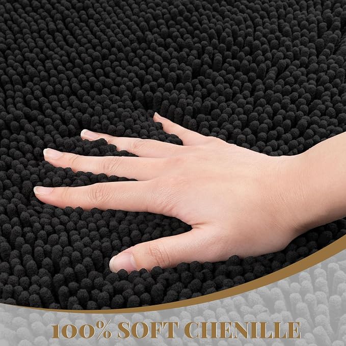 Bathroom Rugs Mat 60 x 36, Thick Soft Absorbent Chenille Bath Rugs, Rubber Backing Bath Mats for Bathroom Floor, Tub, Shower, Bedroom, Home Decor Accessories, Quick Dry Machine Washable, Black