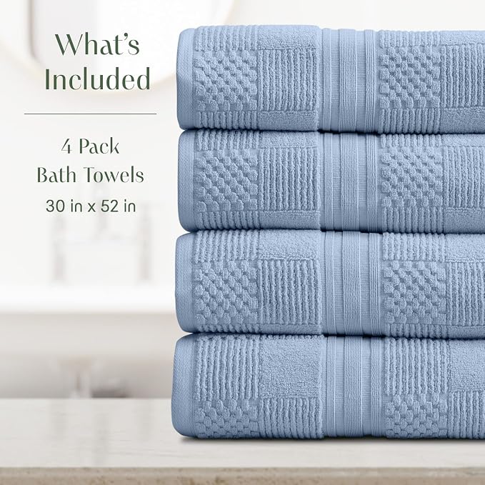 100% Cotton Bath Towel Set | 4-Pack | Textured | Blue | Luxury Geometric Design | Absorbent & Quick-Dry Bathroom Towels | Textured and Durable Cotton Towels for Bathroom | OEKO-TEX