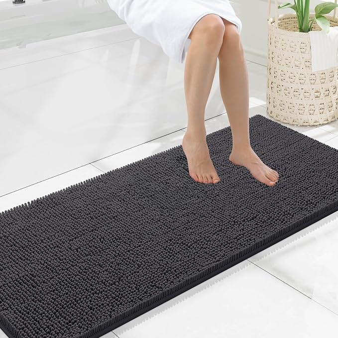 Smiry Bathroom Rugs 47X20, Luxury Chenille Extra Soft Absorbent Bath Mat | Charcoal Grey, Machine Washable Non-Slip Plush Bath Mats for Bathroom, Tub, Shower, and Floor, Home Decor