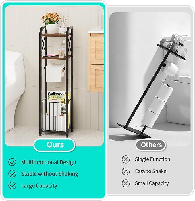 HapiRm Freestanding Toilet Paper Holder - 4-Tier Bathroom Tissue Organizer with Wood Shelves and Large Basket, Toilet Paper Holder Stand for Bathroom, Laundry Room, Apartment - Black（Small）