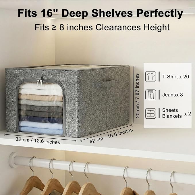 GoMaihe Baby Clothes Storage Bins with Metal Frame 27L 6-Pack Grey | Kids Toddler Child Clothing & Towels Small Items, Closet Top Shelf Boxes, Collapse-Proof Stackable, Clear Window Dual Access