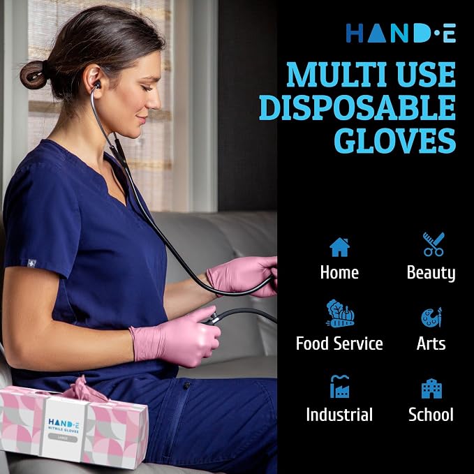 Hand-E Touch Pink Nitrile Disposable Gloves - Esthetician, Nail Tech, Hair Dye & Stylist, Cleaning Gloves